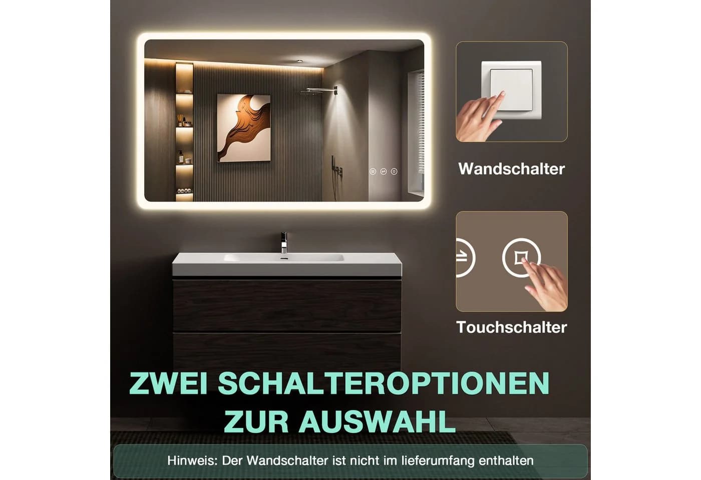GIMBELEN Badspiegel mit LED-Beleuchtung, 100x60 cm, Dimmbar, 3 Lichtfarben - Bild 5