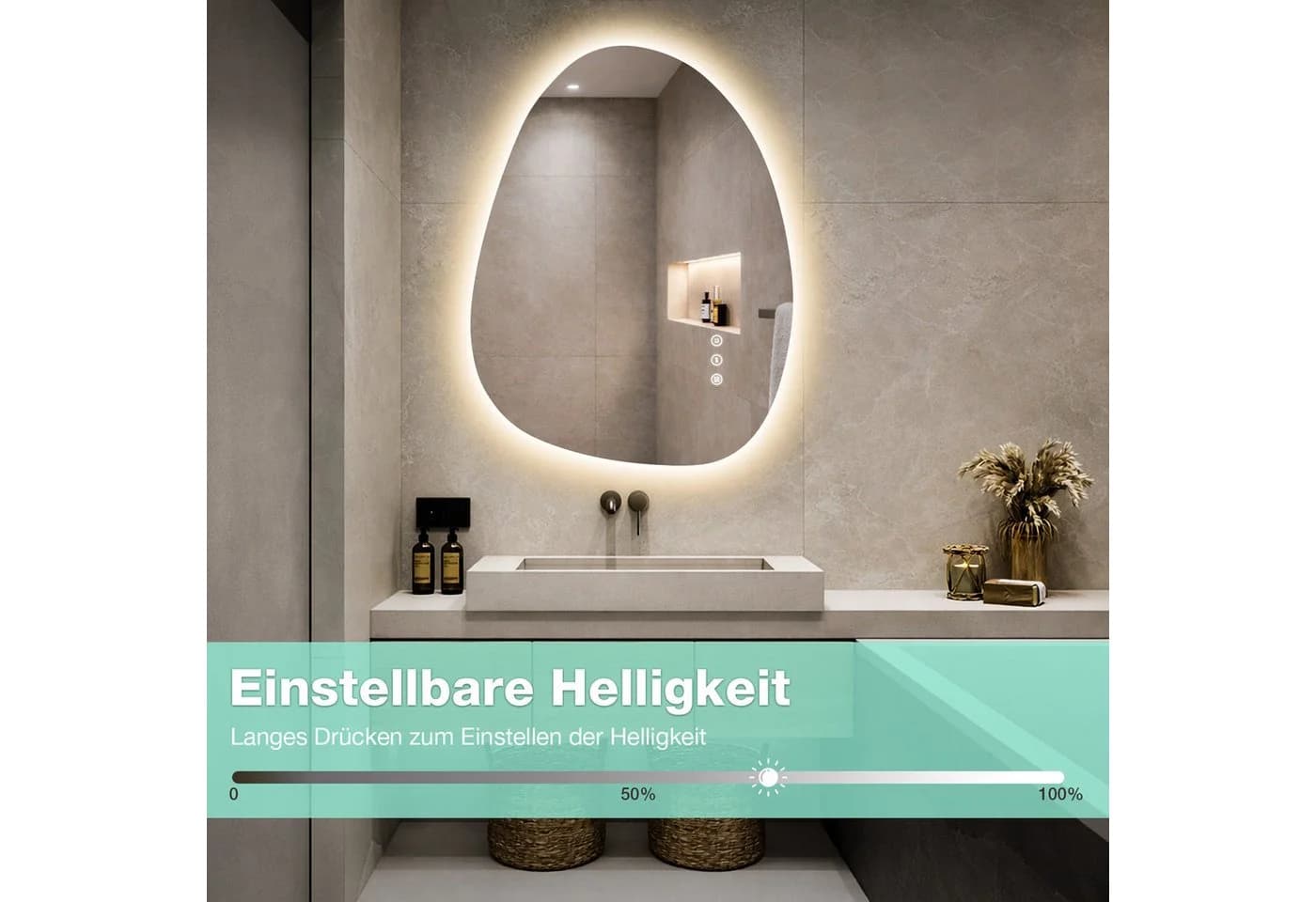 GIMBELEN Badspiegel Asymmetrisch LED Beleuchtung Dimmbar Antibeschlag IP44 - Bild 4