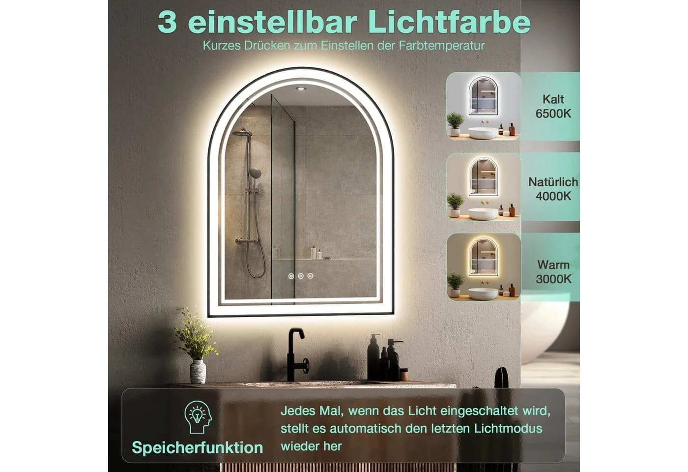 GIMBELEN Badspiegel mit LED-Beleuchtung, 80x60 cm, Schwarz, Dimmbar - Bild 3