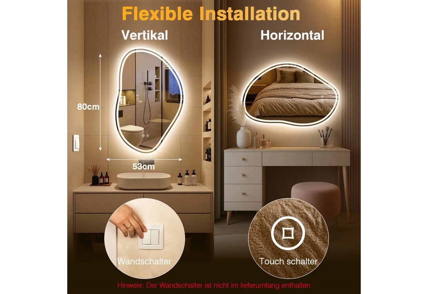 PESENXAN LED Badspiegel Asymmetrisch Silber Touch-Schalter