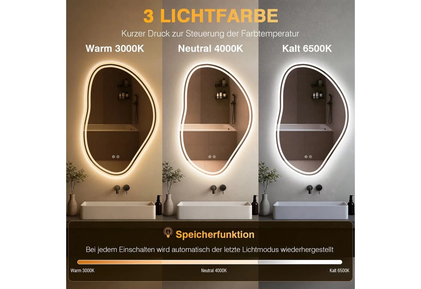 PESENXAN LED Badspiegel Asymmetrisch Silber Touch-Schalter - Bild 4