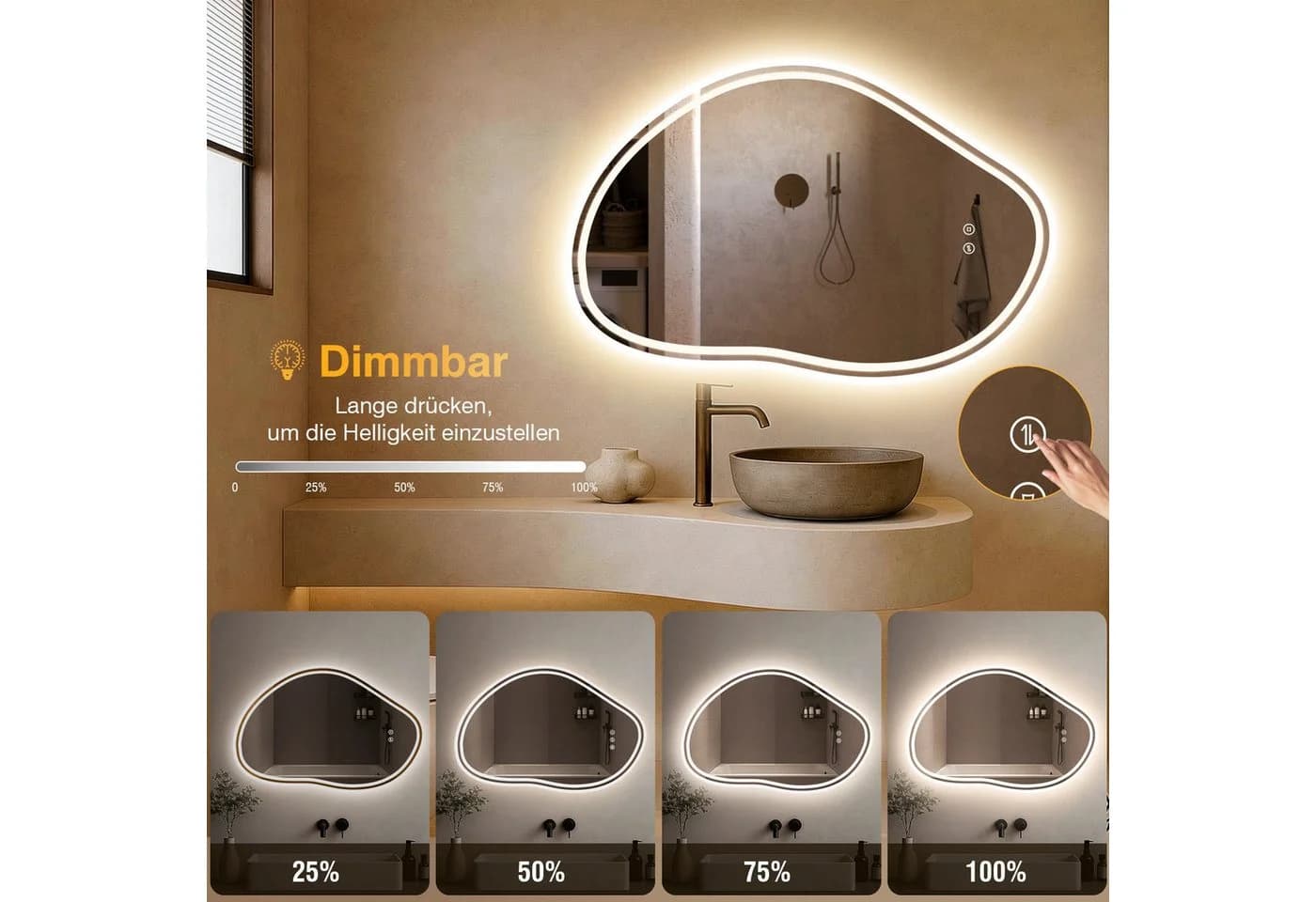 PESENXAN LED Badspiegel Asymmetrisch Silber Touch-Schalter - Bild 5