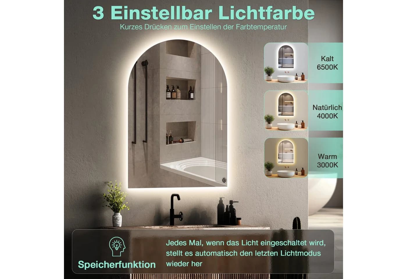 GIMBELEN Badspiegel mit Beleuchtung Silber Touch-Schalter Dimmbar - Bild 3