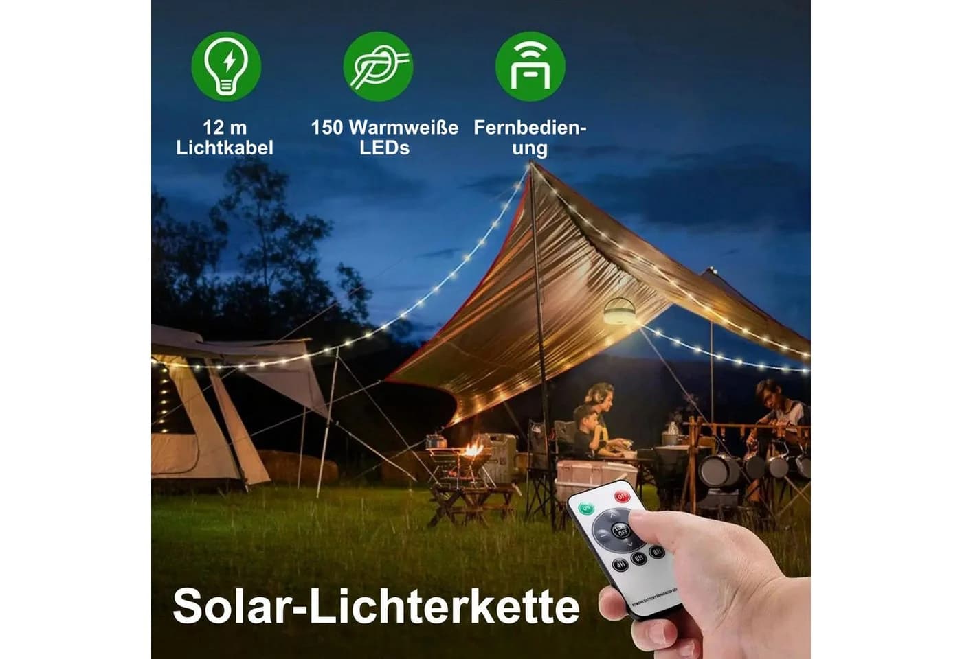 DESUO Lichterkette 12m Camping Aufrollbar 8 Modi Fernbedienung