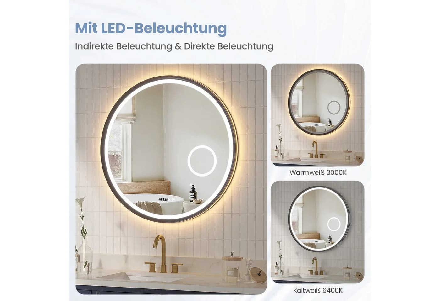 AQUALAVOS LED Badspiegel Rund Schwarz mit Beleuchtung und Antibeschlag - Bild 5