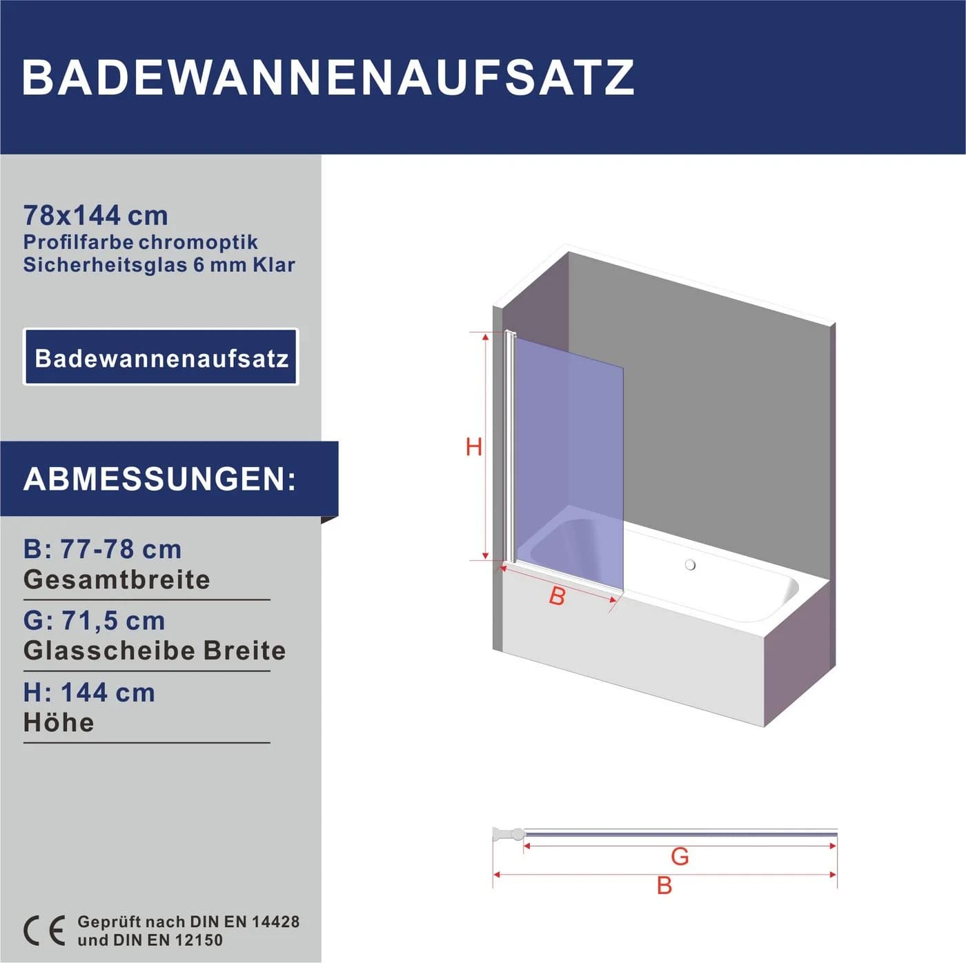 AQUALAVOS Badewannenaufsatz Duschtrennwand 78x144 cm ESG Glas Chromoptik - Bild 5