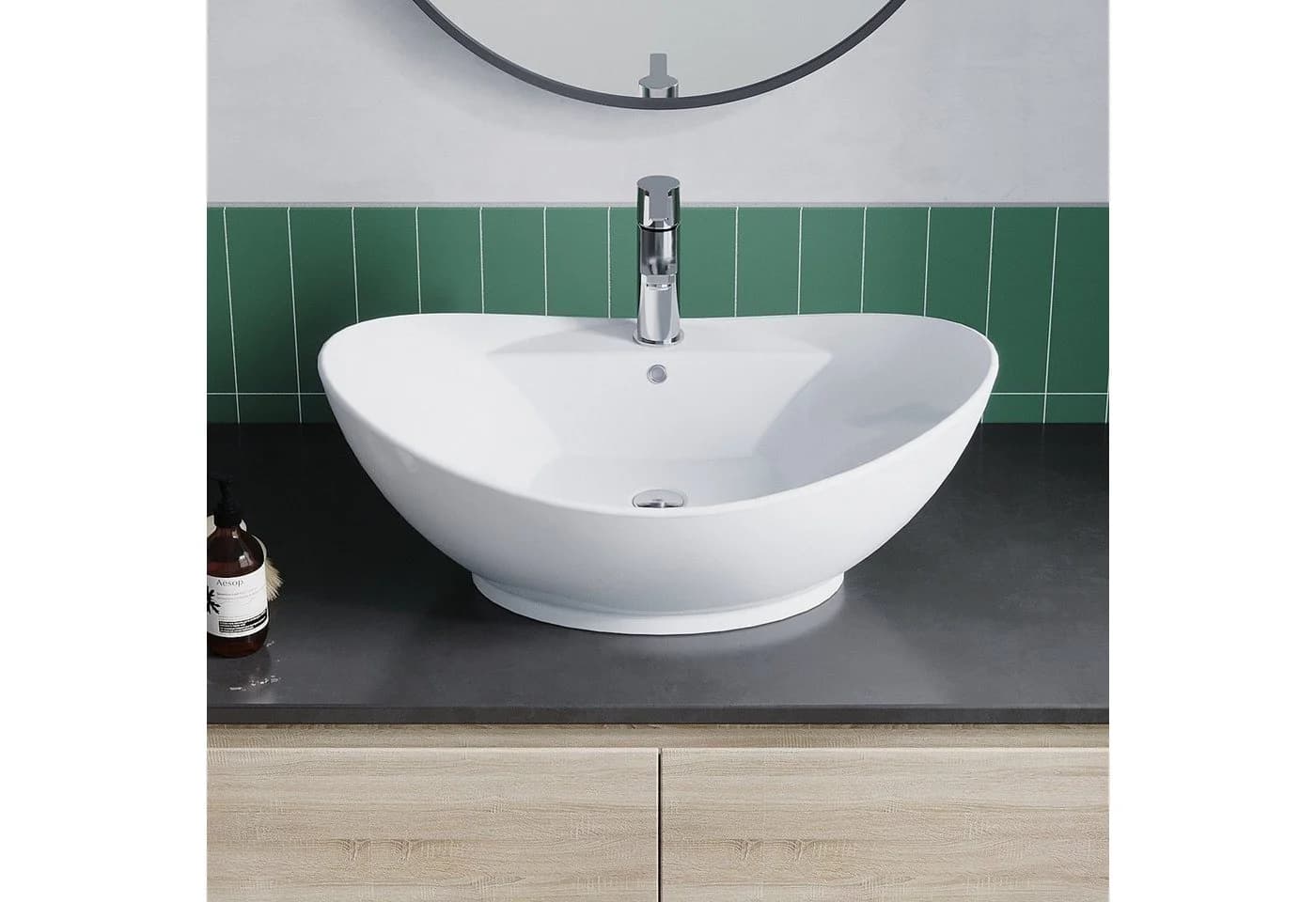 AQUALAVOS Aufsatzwaschbecken Keramik Weiß Oval mit Überlauf - Bild 2