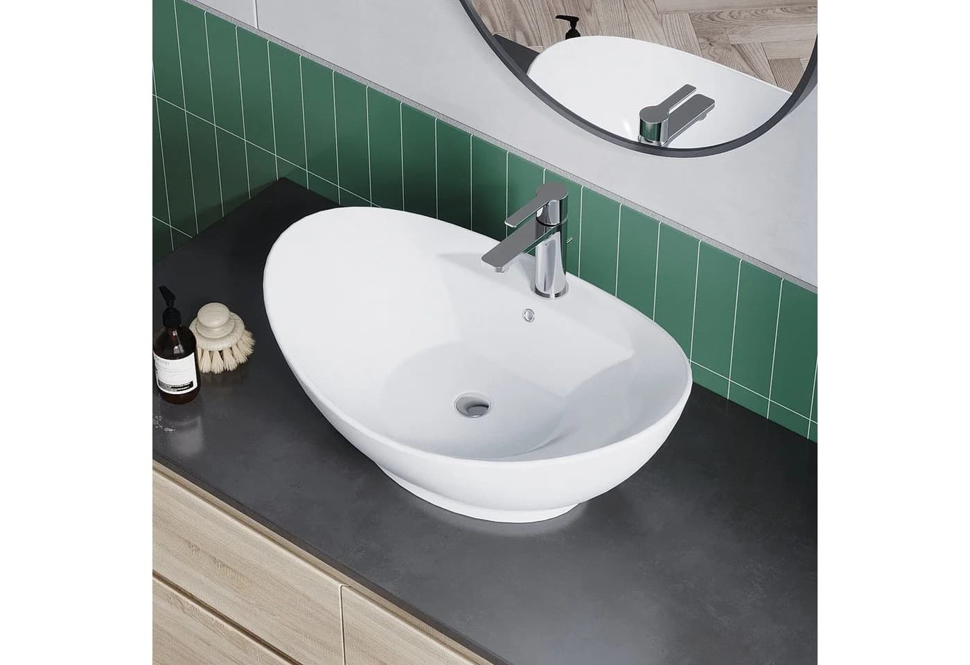 AQUALAVOS Aufsatzwaschbecken Keramik Weiß Oval mit Überlauf - Bild 3