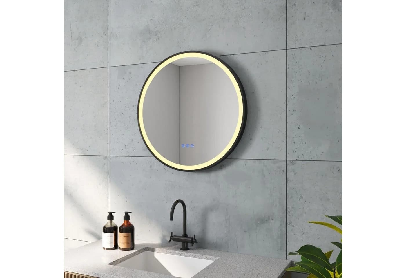 AQUALAVOS LED Badspiegel Rund 80 cm Schwarz Dimmbar