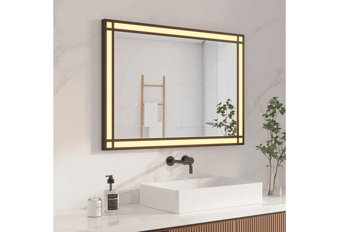AQUALAVOS LED Badspiegel 100x70 cm Schwarz Antibeschlag