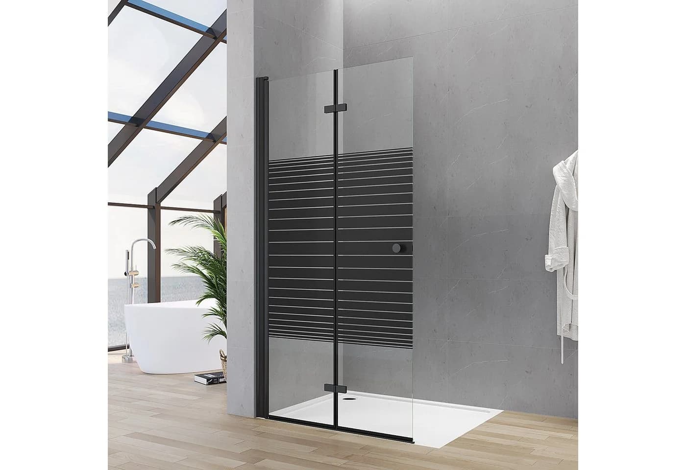 AQUALAVOS Walk-in-Duschwand mit klappbarem Faltelement, 5mm ESG Glas, Schwarz