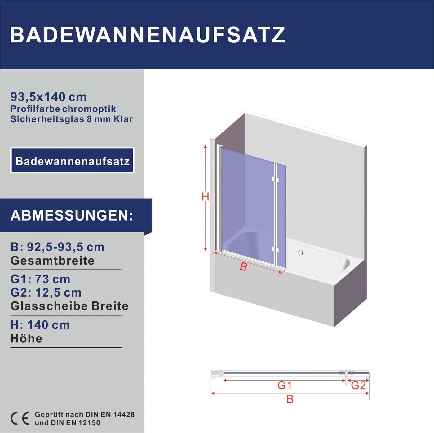 AQUABATOS Badewannenfaltwand 2-teilig L-förmig 8mm Sicherheitsglas rahmenlos