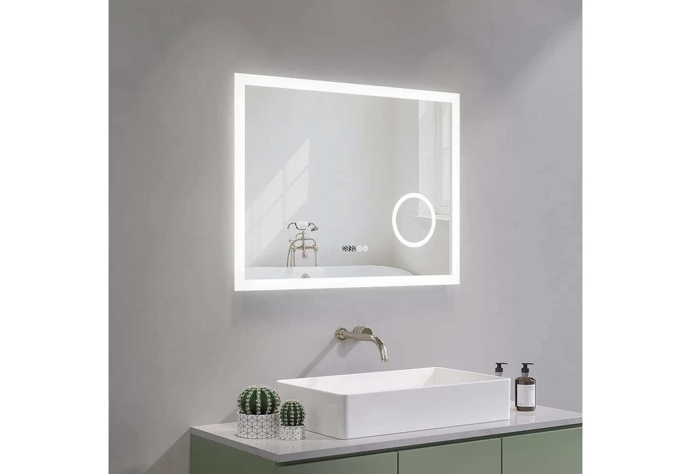 AQUABATOS LED Badspiegel Silber mit Digitaluhr & Kosmetikspiegel