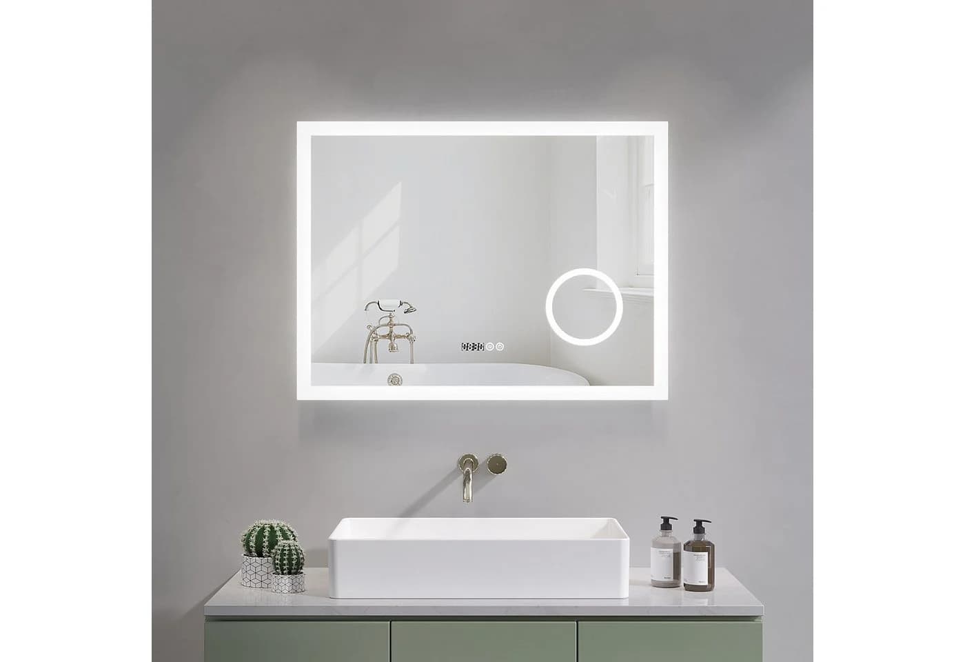AQUABATOS LED Badspiegel Silber mit Digitaluhr & Kosmetikspiegel - Bild 2