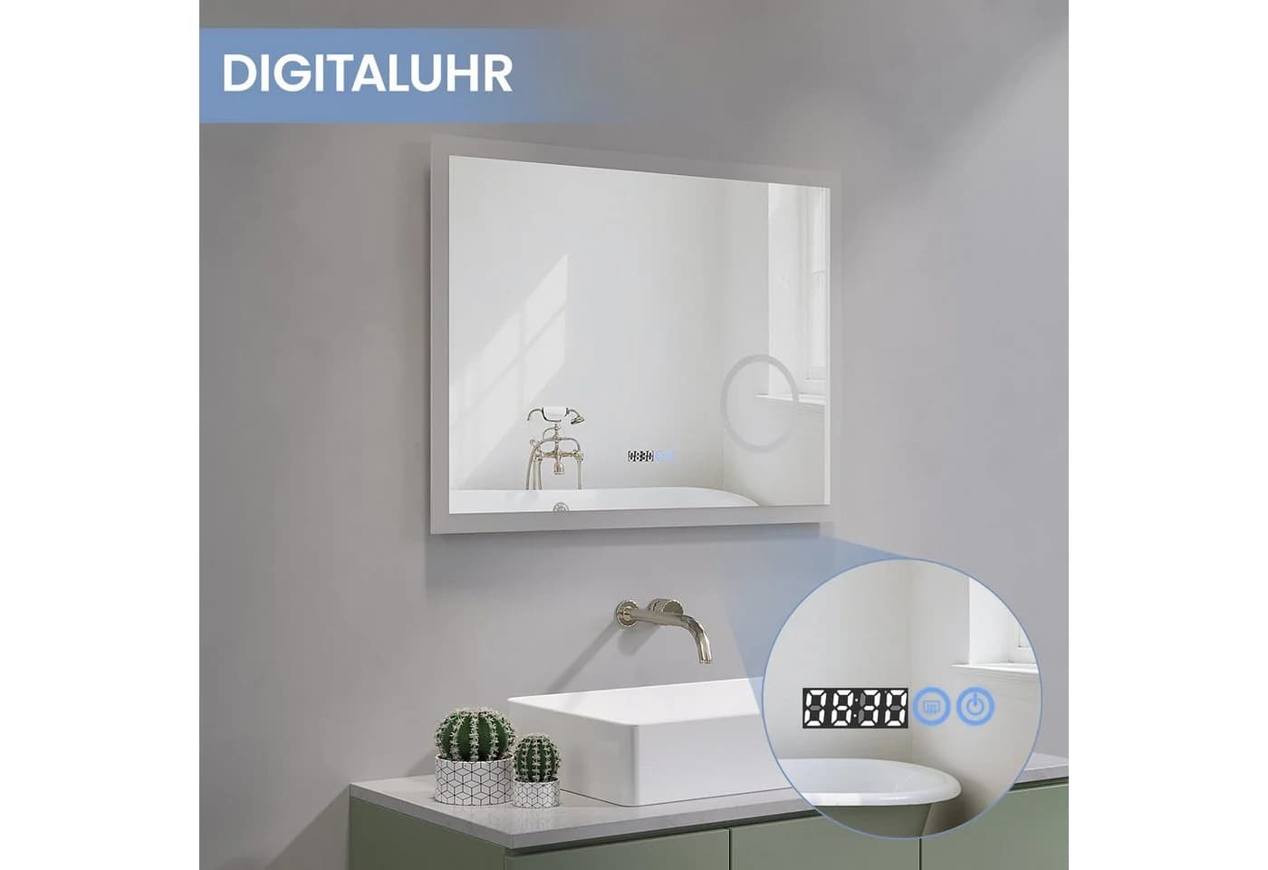 AQUABATOS LED Badspiegel Silber mit Digitaluhr & Kosmetikspiegel - Bild 5