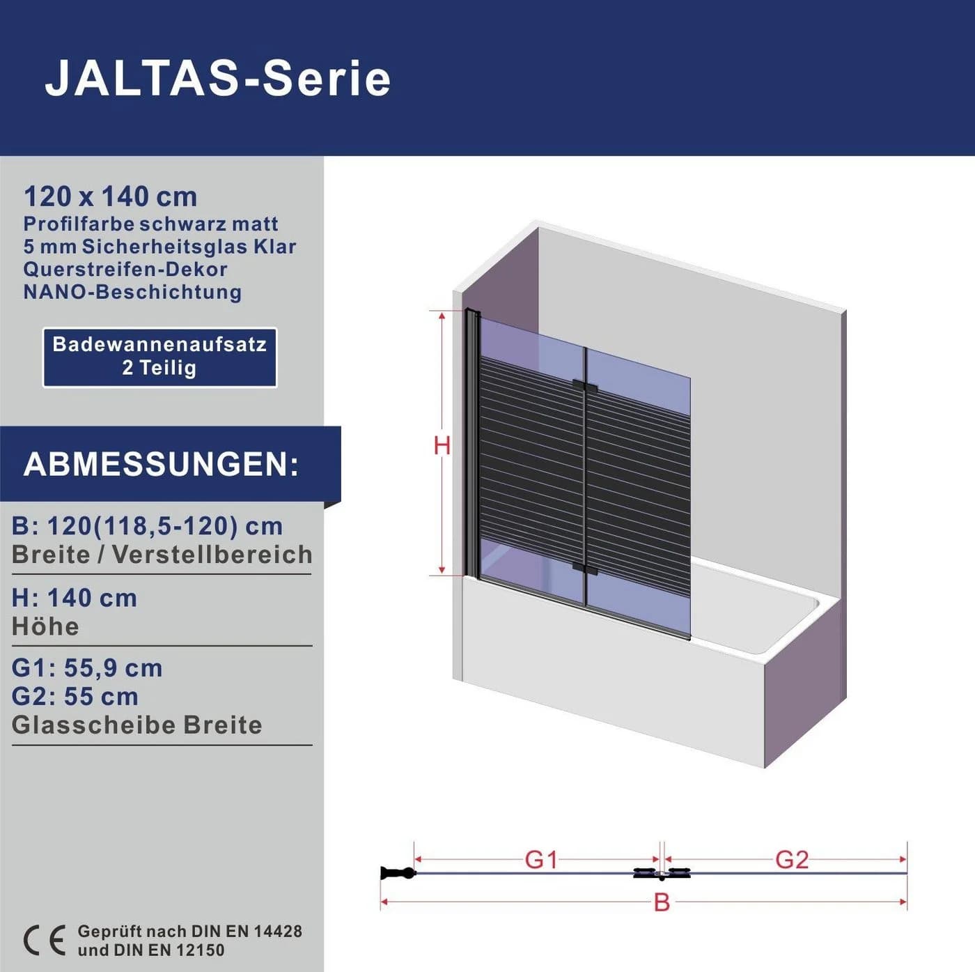 AQUABATOS Badewannenfaltwand 2-teilig 120x140 cm Sicherheitsglas schwarz - Bild 4