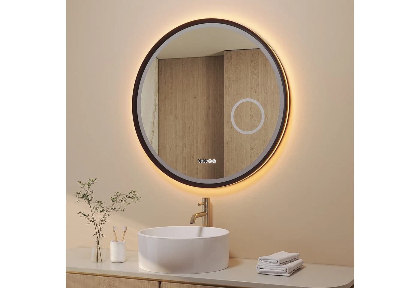 AQUABATOS Badspiegel Rund mit LED Beleuchtung 80 cm Wandspiegel, 3-fach-Vergrößerung, Kosmetikspiegel, Touch, Anti-Beschlag, Uhr, IP44 - Bild 3