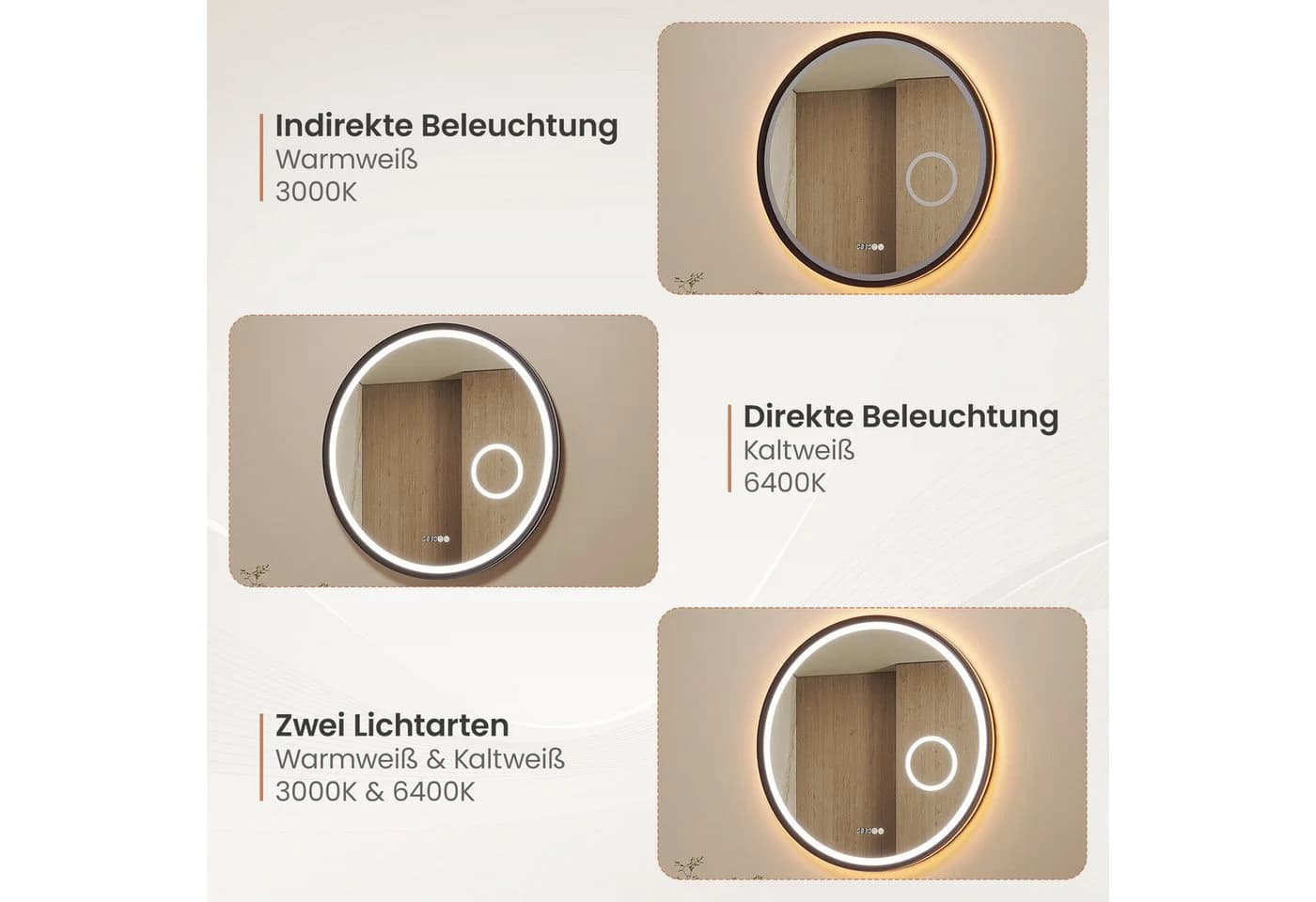 AQUABATOS Badspiegel Rund mit LED Beleuchtung 80 cm Wandspiegel, 3-fach-Vergrößerung, Kosmetikspiegel, Touch, Anti-Beschlag, Uhr, IP44 - Bild 4