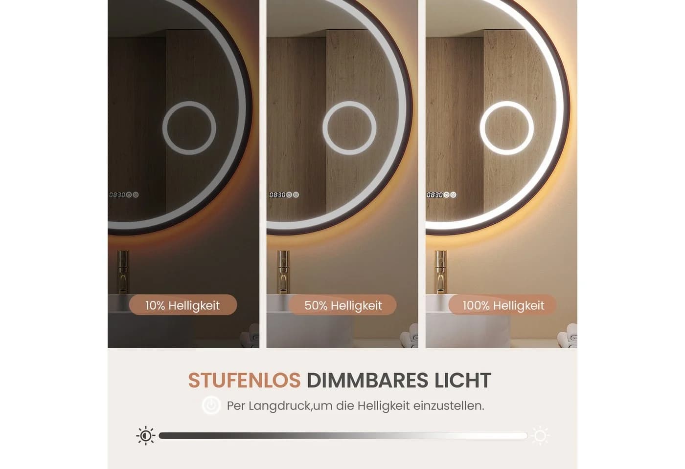 AQUABATOS Badspiegel Rund mit LED Beleuchtung 80 cm Wandspiegel, 3-fach-Vergrößerung, Kosmetikspiegel, Touch, Anti-Beschlag, Uhr, IP44 - Bild 5