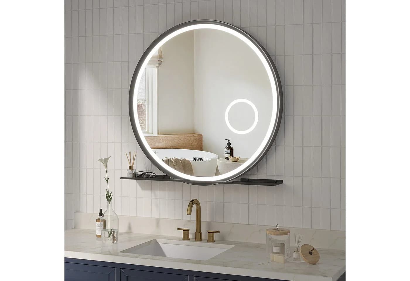 AQUABATOS Badspiegel rund 80 cm mit LED-Beleuchtung und Ablage