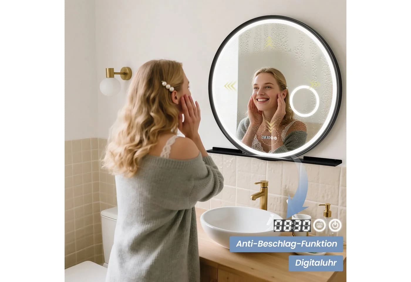 AQUABATOS Badspiegel rund 80 cm mit LED-Beleuchtung und Ablage - Bild 5