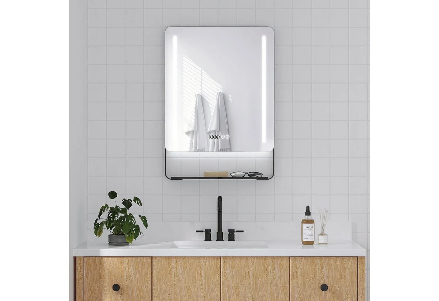 AQUABATOS LED Badspiegel mit Beleuchtung, Ablage & Uhr, Schwarz - Bild 2
