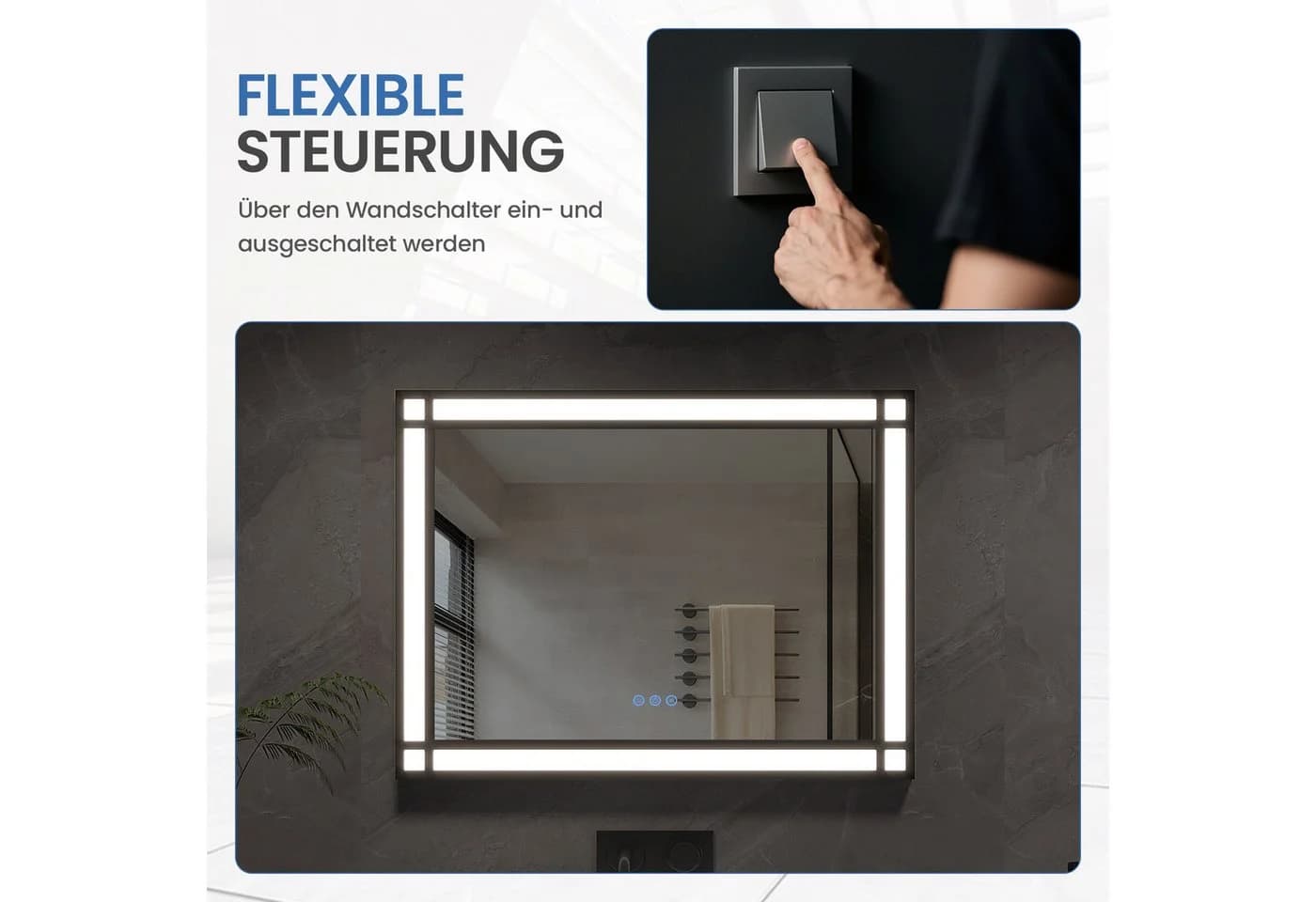 AQUABATOS Badspiegel mit LED-Beleuchtung, Antibeschlag, Dimmbar, Schwarz - Bild 5