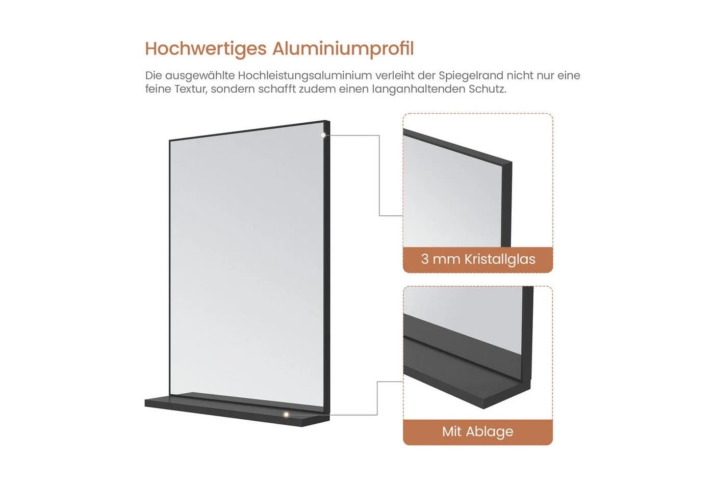 AQUALAVOS Badspiegel mit Ablage Aluminiumrahmen Schwarz matt - Bild 4