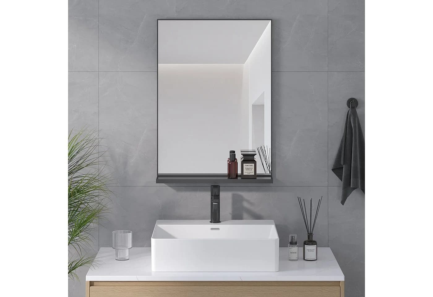 AQUABATOS Badspiegel Wandspiegel mit Ablage Badezimmer Spiegel Bad Hängespiegel Schwarz