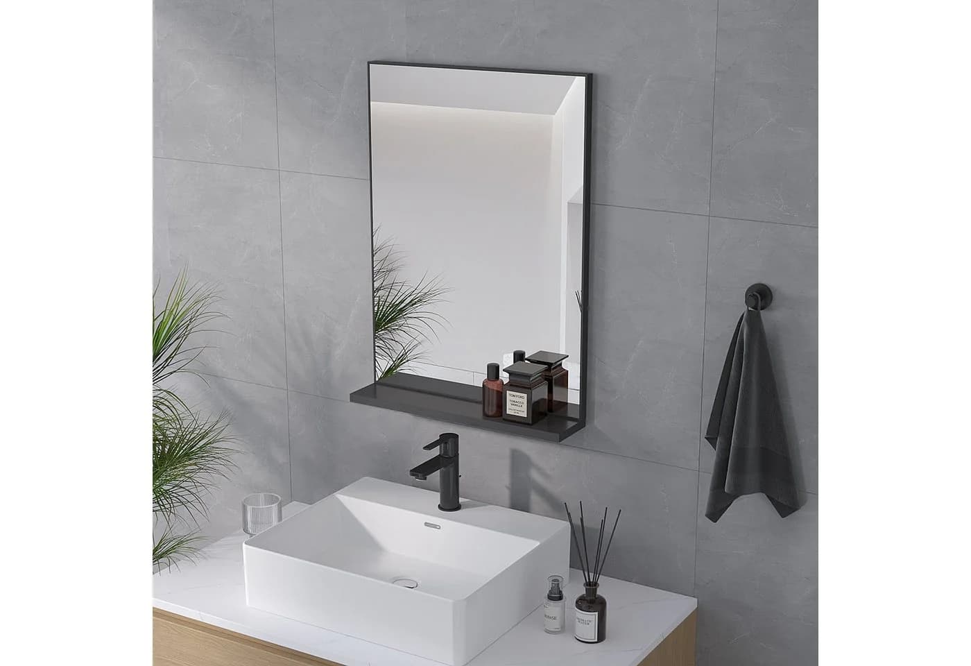 AQUABATOS Badspiegel Wandspiegel mit Ablage Badezimmer Spiegel Bad Hängespiegel Schwarz - Bild 3