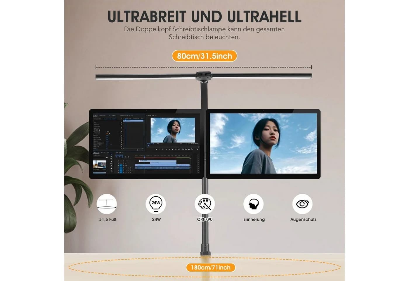 oyajia Schreibtischlampe Dimmbar LED 80cm Doppelkopf Klemmbar Home Office - Bild 3