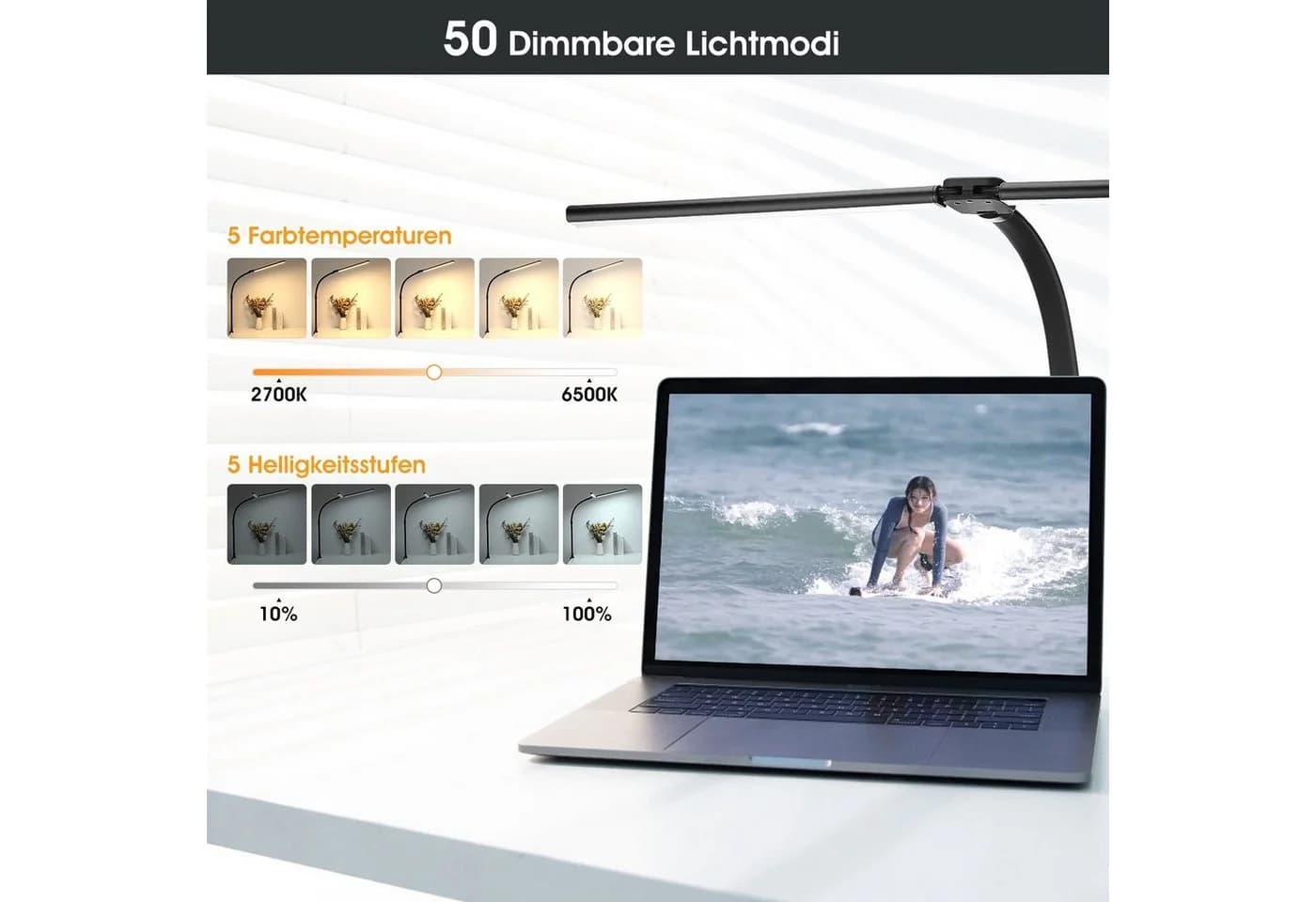oyajia Schreibtischlampe Dimmbar LED 80cm Doppelkopf Klemmbar Home Office - Bild 4