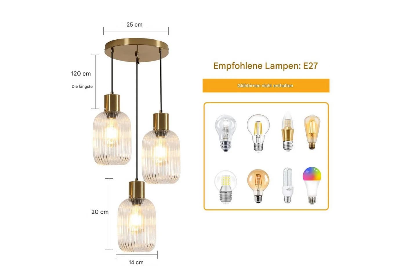 Riserva Kronleuchter 3-flammig Klarglas Vintage E27