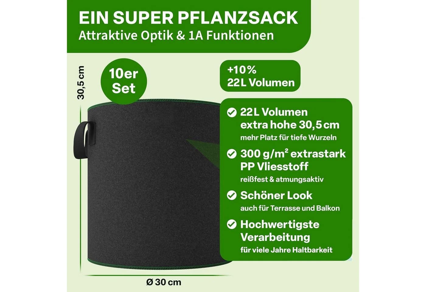 AIMAX Pflanzsack 10er-Set 22L Schwarz PP-Vlies mit Griffen