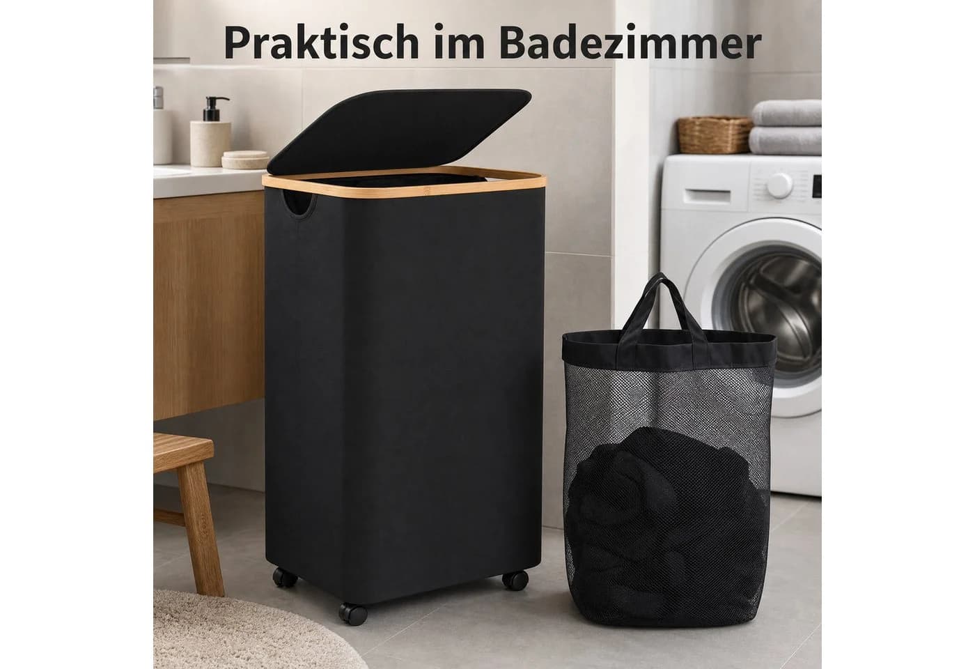 AIMAX Faltbarer Wäschekorb 100L mit Deckel, Rollen & Bambusgriffe Schwarz - Bild 3