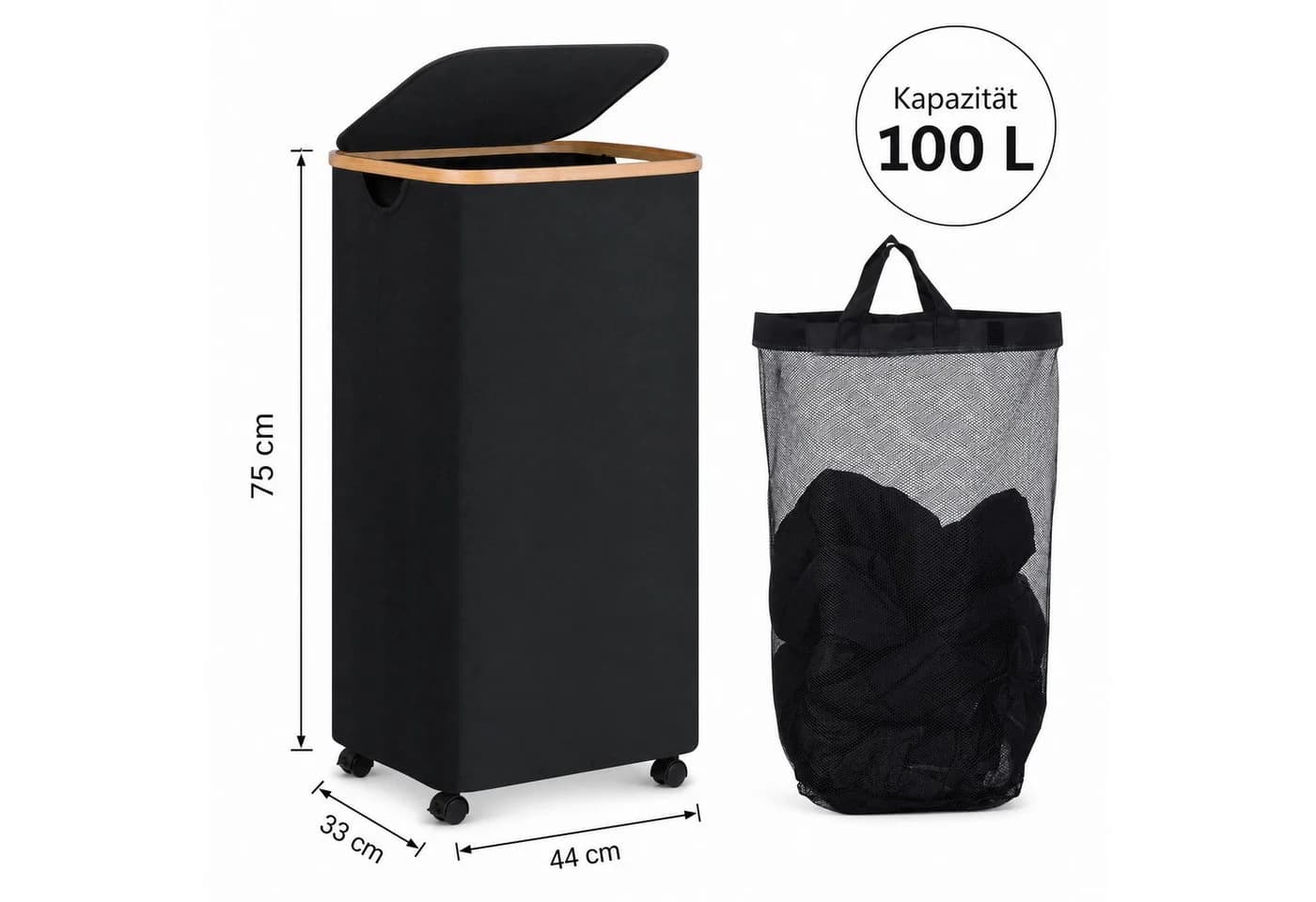 AIMAX Faltbarer Wäschekorb 100L mit Deckel, Rollen & Bambusgriffe Schwarz - Bild 4