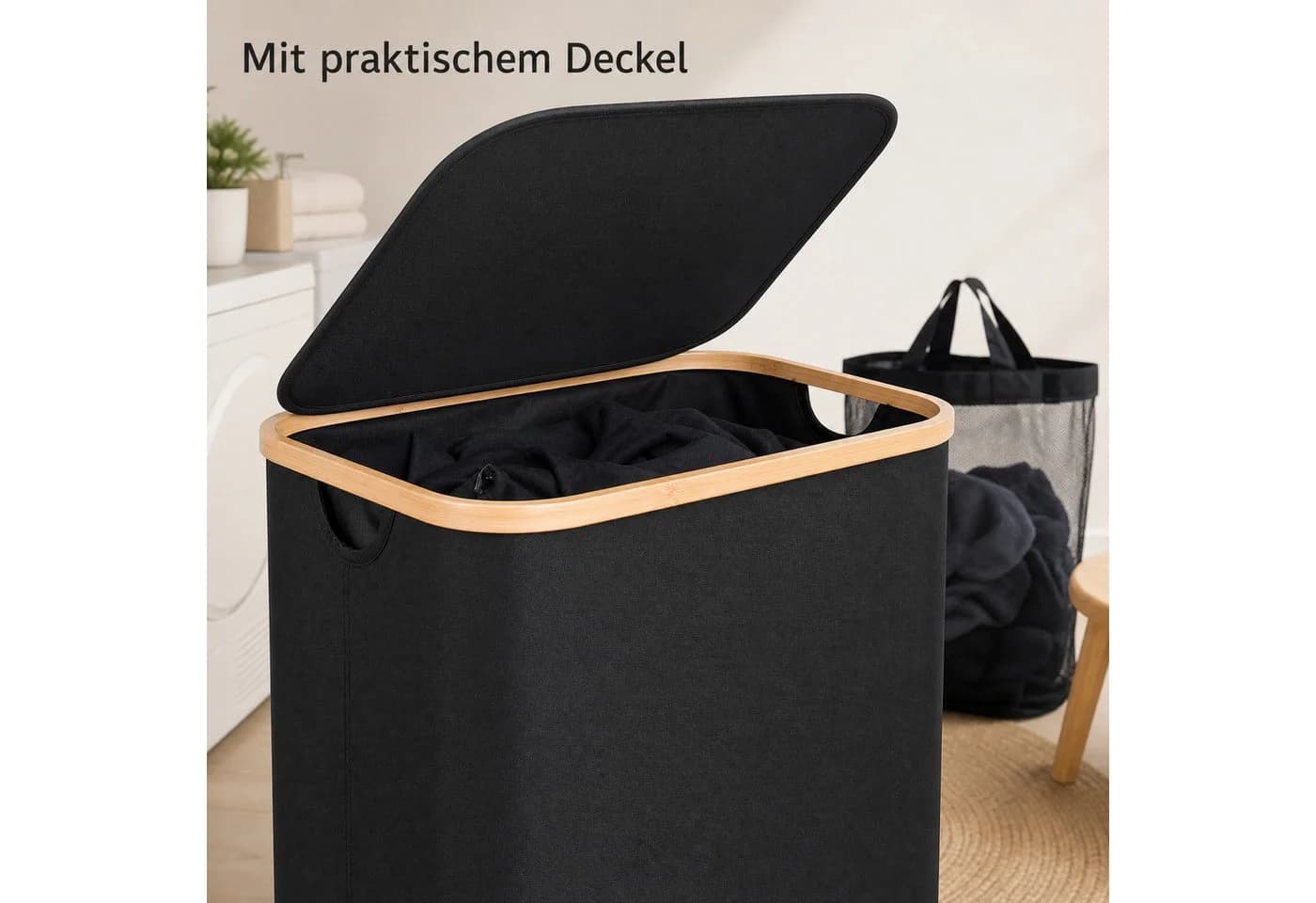 AIMAX Faltbarer Wäschekorb 100L mit Deckel, Rollen & Bambusgriffe Schwarz - Bild 5