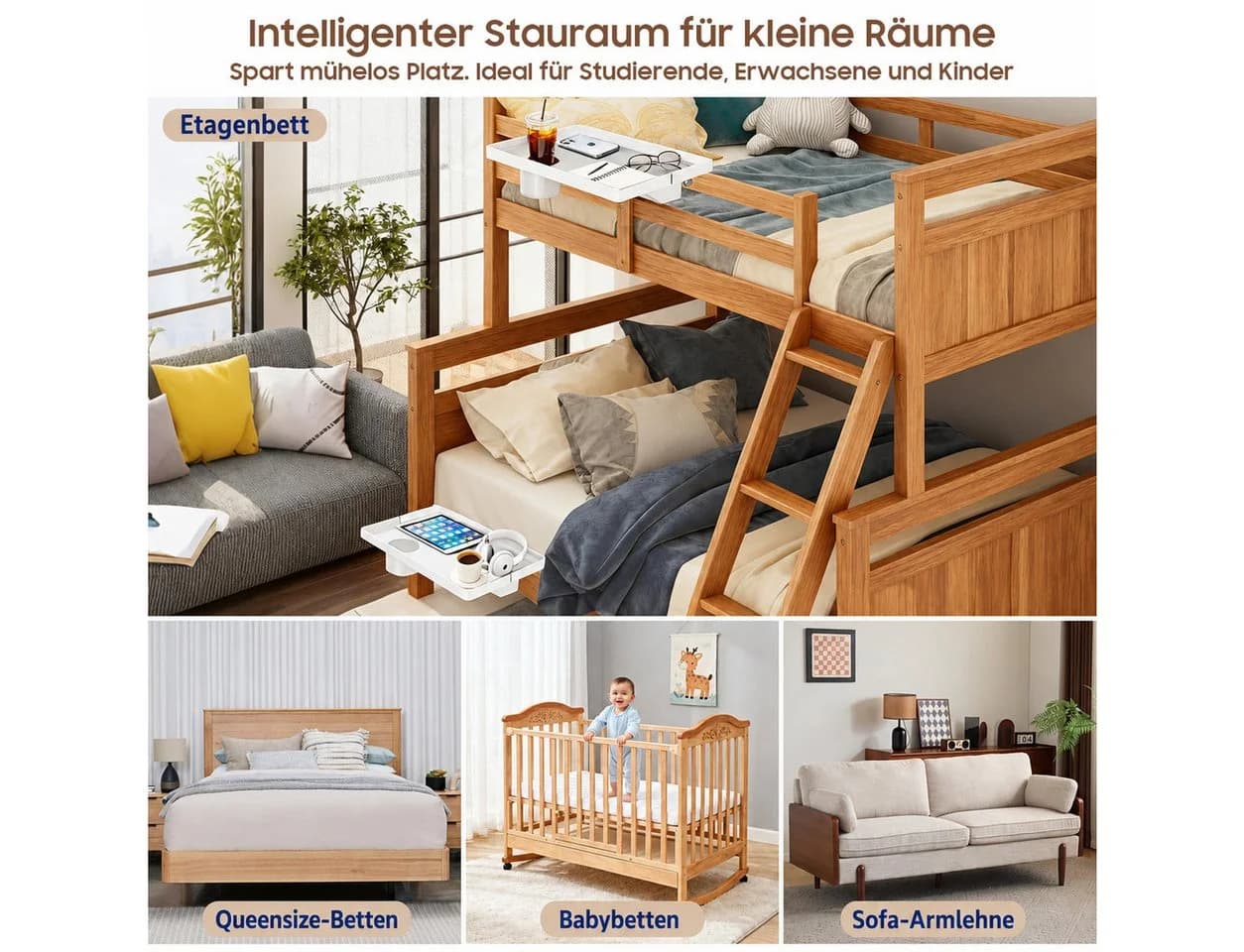 SURFOU Bettregal klemmbar weiß mit Getränke- & Kabelhalter