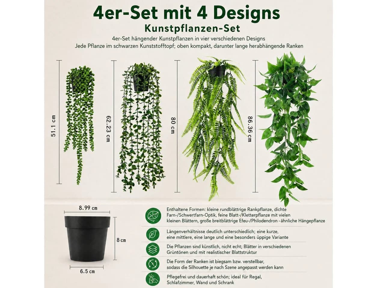 SURFOU 4er Set Künstliche Hängepflanzen Grün Eukalyptus Efeutute - Bild 3