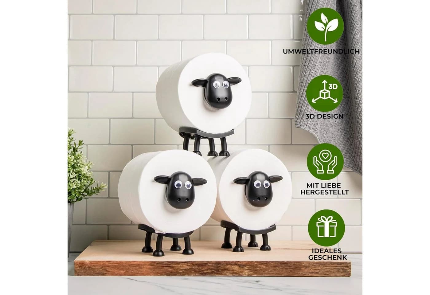 AIMAX Toilettenpapierhalter 3er Set Schwarz Schaf-Motiv Freistehend - Bild 3