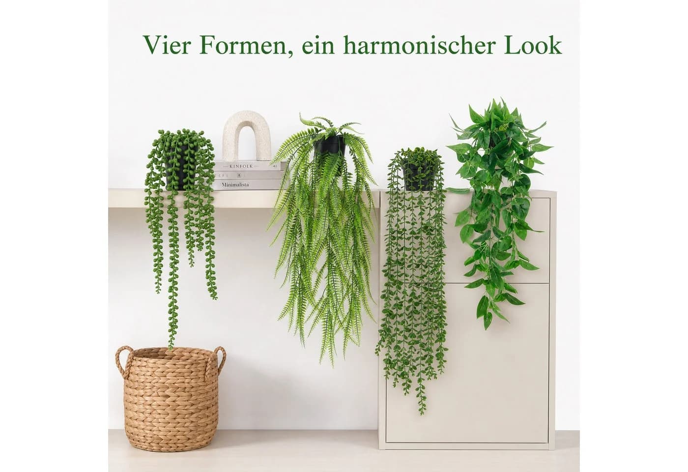AIMAX 4er Set Künstliche Hängepflanzen Grün Eukalyptus Efeutute - Bild 3