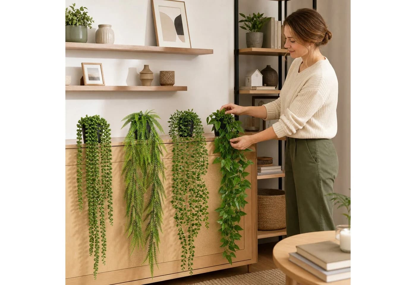 AIMAX 4er Set Künstliche Hängepflanzen Grün Eukalyptus Efeutute - Bild 5