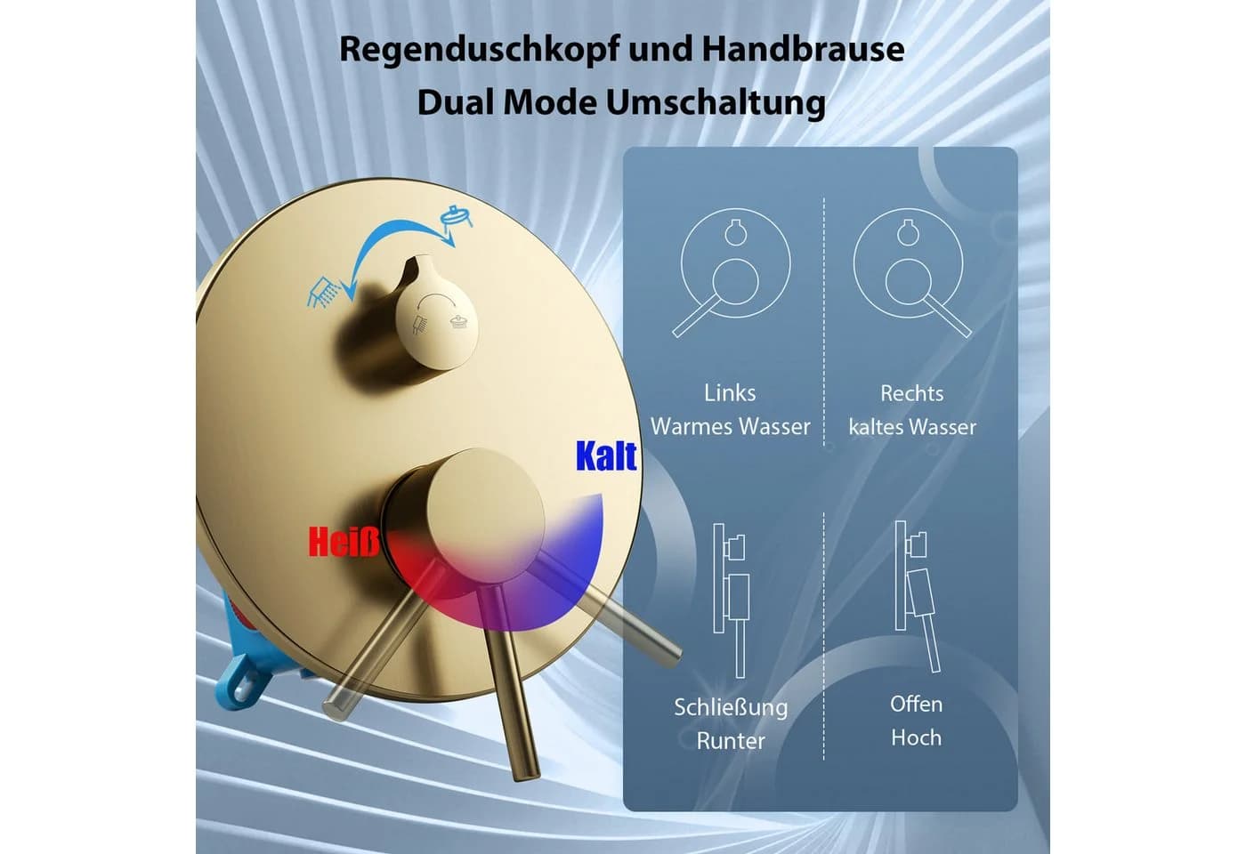 Oihpaw Duschsystem Unterputz mit Regendusche & Brause Gold 30x30 cm - Bild 3