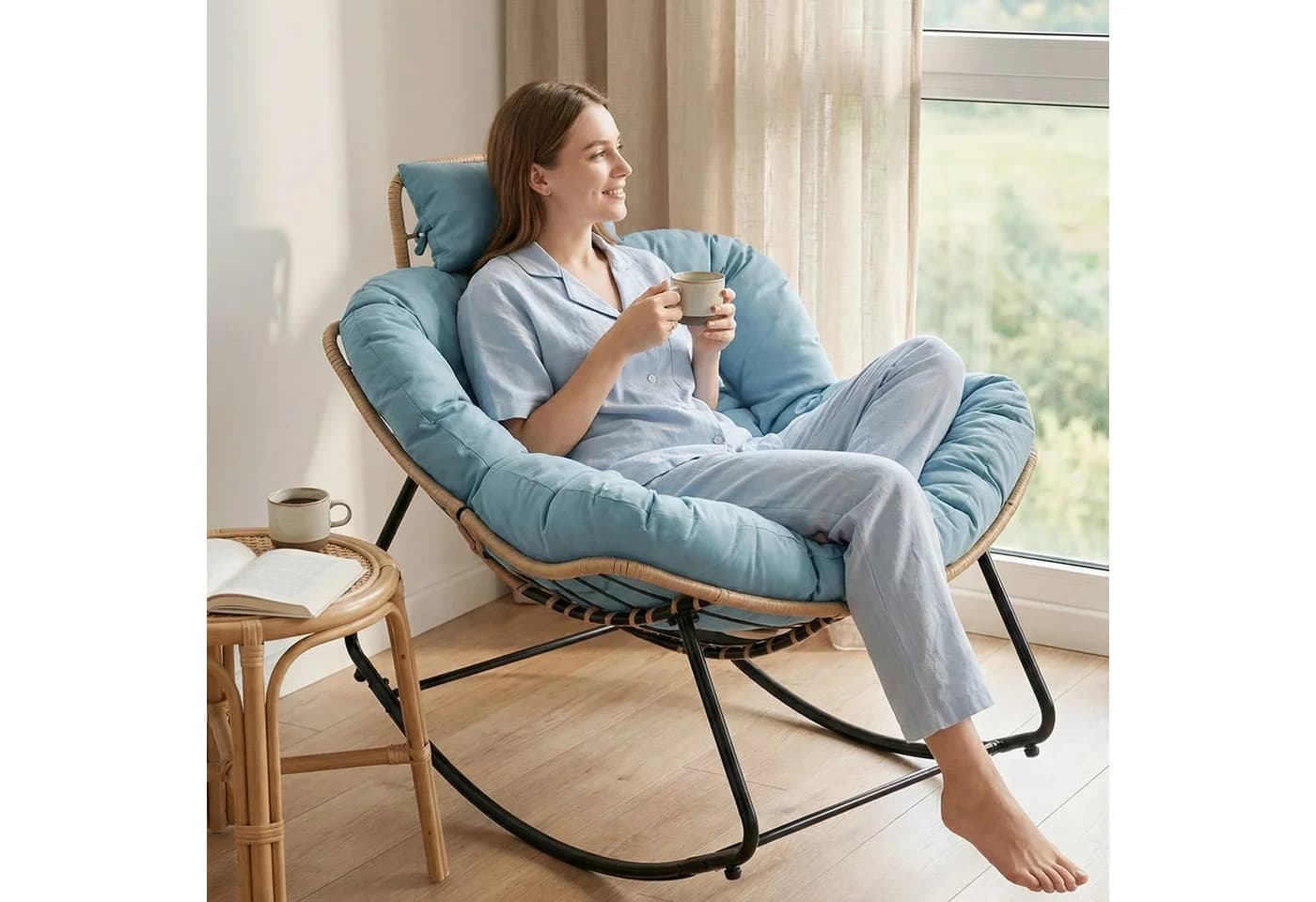 HomeMiYN Schaukelsessel Gepolstert Relaxstuhl Stahlrahmen PVC-Rattan - Bild 2