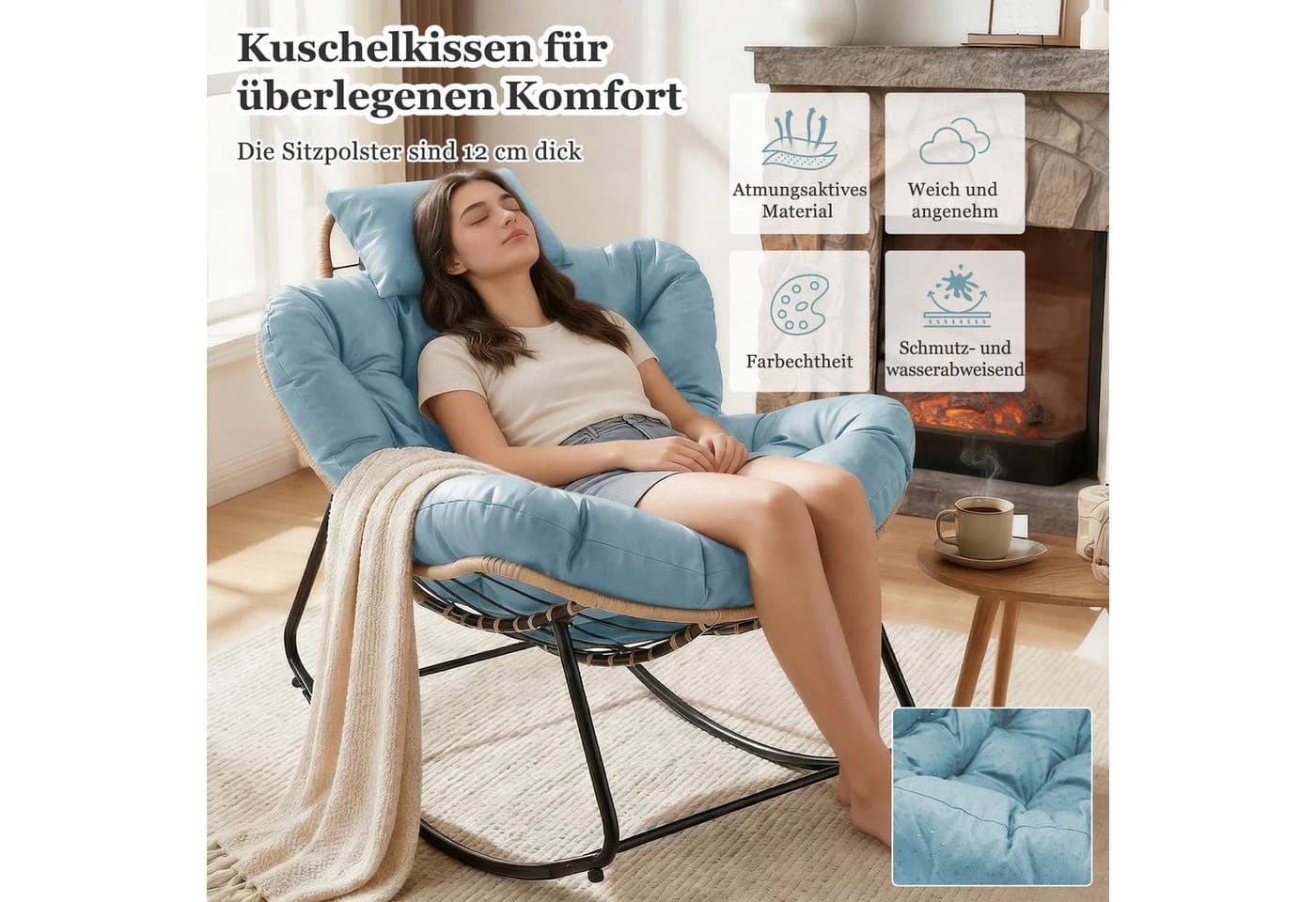 HomeMiYN Schaukelsessel Gepolstert Relaxstuhl Stahlrahmen PVC-Rattan - Bild 3