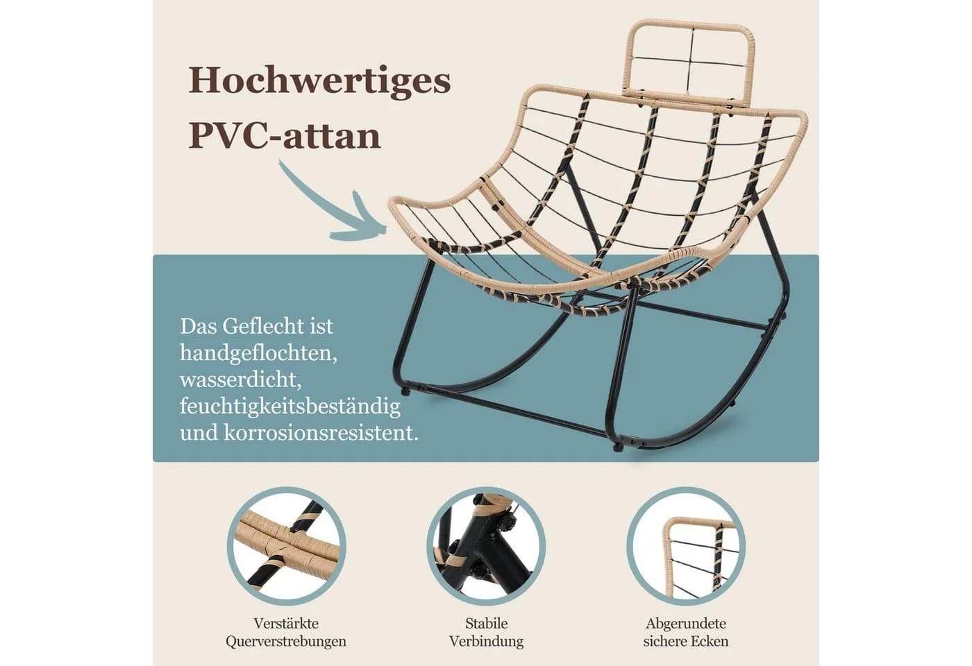 HomeMiYN Schaukelsessel Gepolstert Relaxstuhl Stahlrahmen PVC-Rattan - Bild 5
