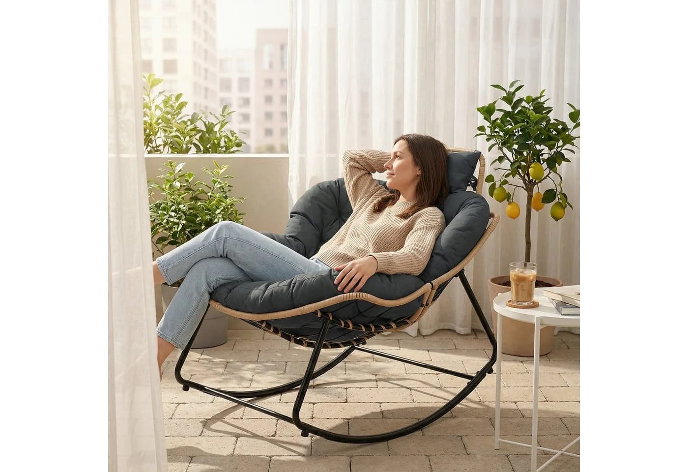 HomeMiYN Schaukelsessel Gepolsterter Relaxstuhl Grau PVC-Rattan - Bild 2