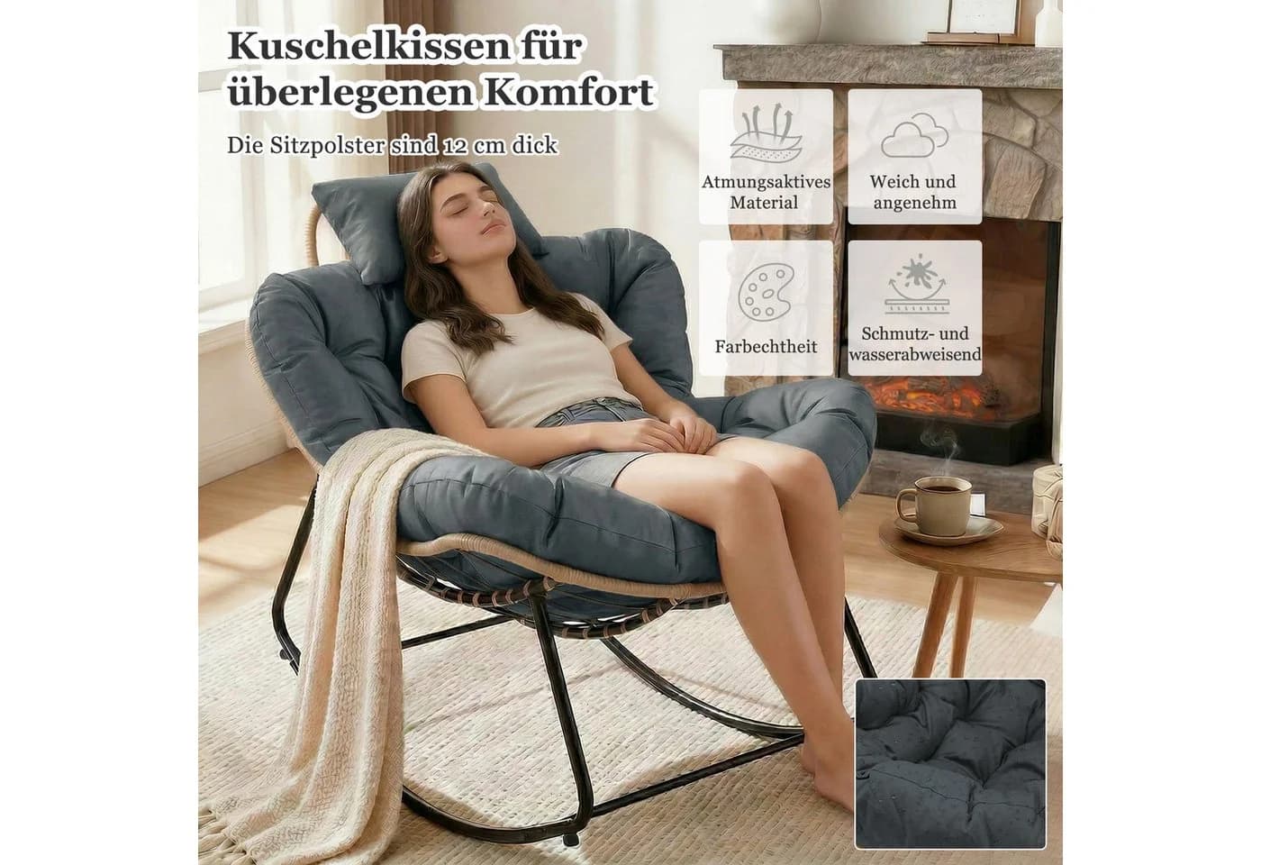 HomeMiYN Schaukelsessel Gepolsterter Relaxstuhl Grau PVC-Rattan - Bild 3