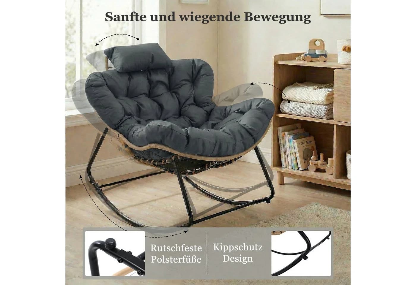 HomeMiYN Schaukelsessel Gepolsterter Relaxstuhl Grau PVC-Rattan - Bild 4