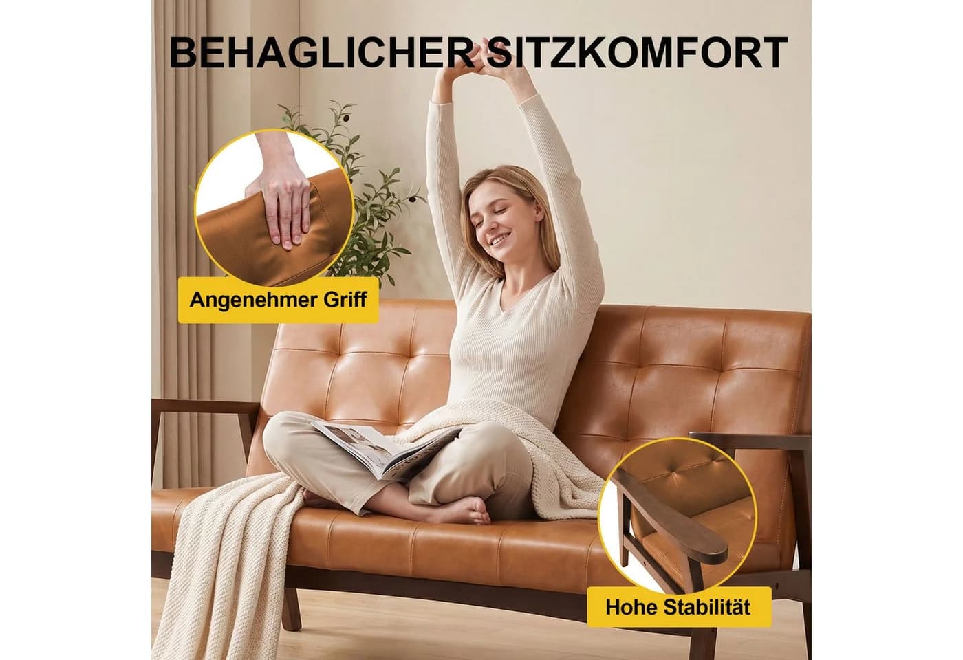 HomeMiYN Ohrensessel 2-Sitzer PU-Leder Karamell - Bild 3